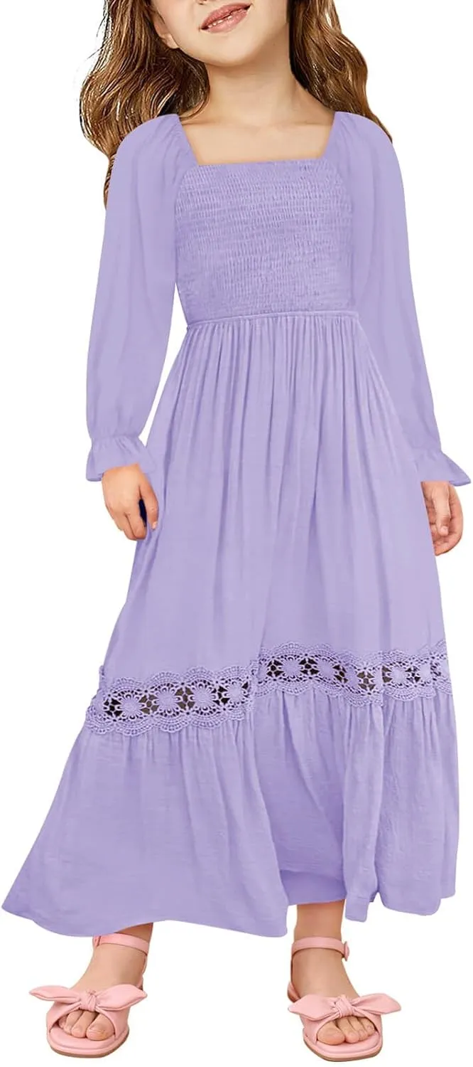 Haloumoning Girls Boho Summer Dresses Long Sleeve Square Neck Smocked Beach Dress Flowy A-line Maxi Dress 4-14 Years