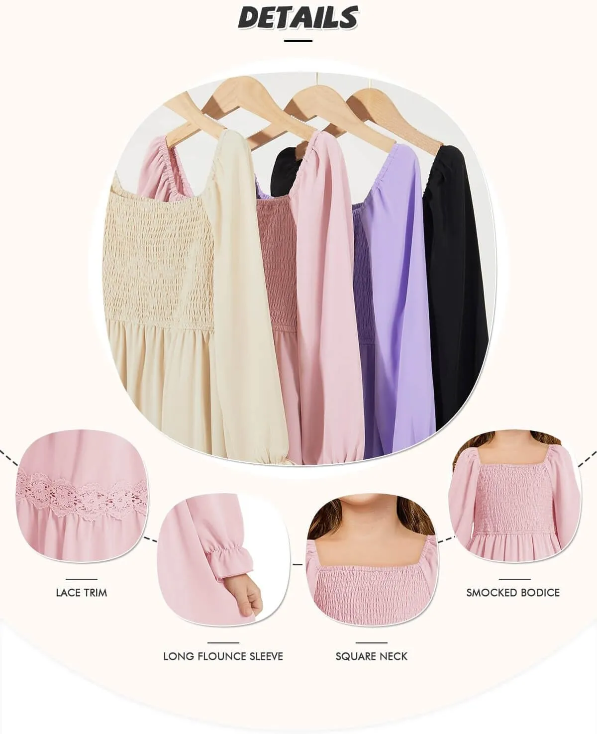 Haloumoning Girls Boho Summer Dresses Long Sleeve Square Neck Smocked Beach Dress Flowy A-line Maxi Dress 4-14 Years