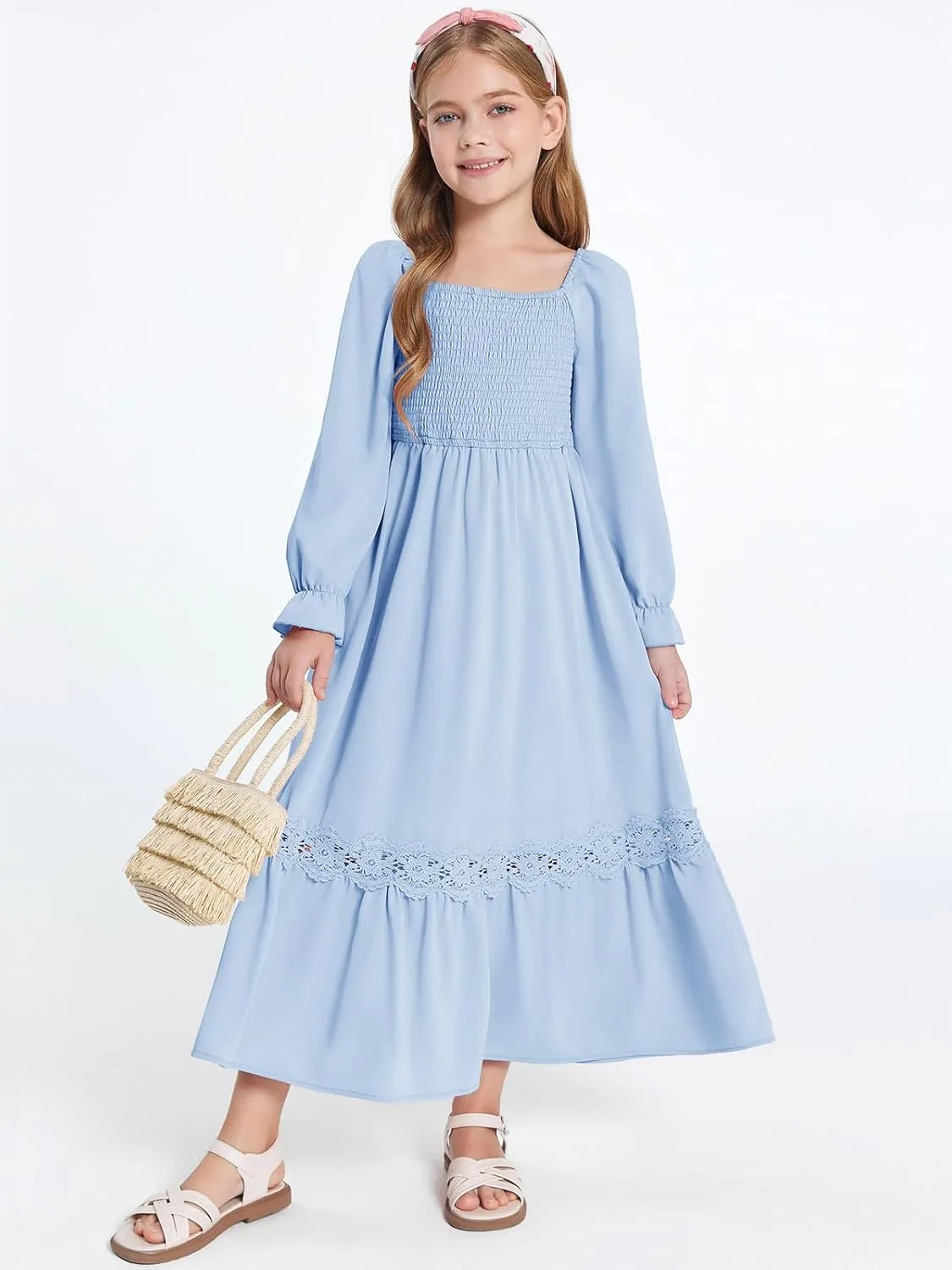 Haloumoning Girls Boho Summer Dresses Long Sleeve Square Neck Smocked Beach Dress Flowy A-line Maxi Dress 4-14 Years