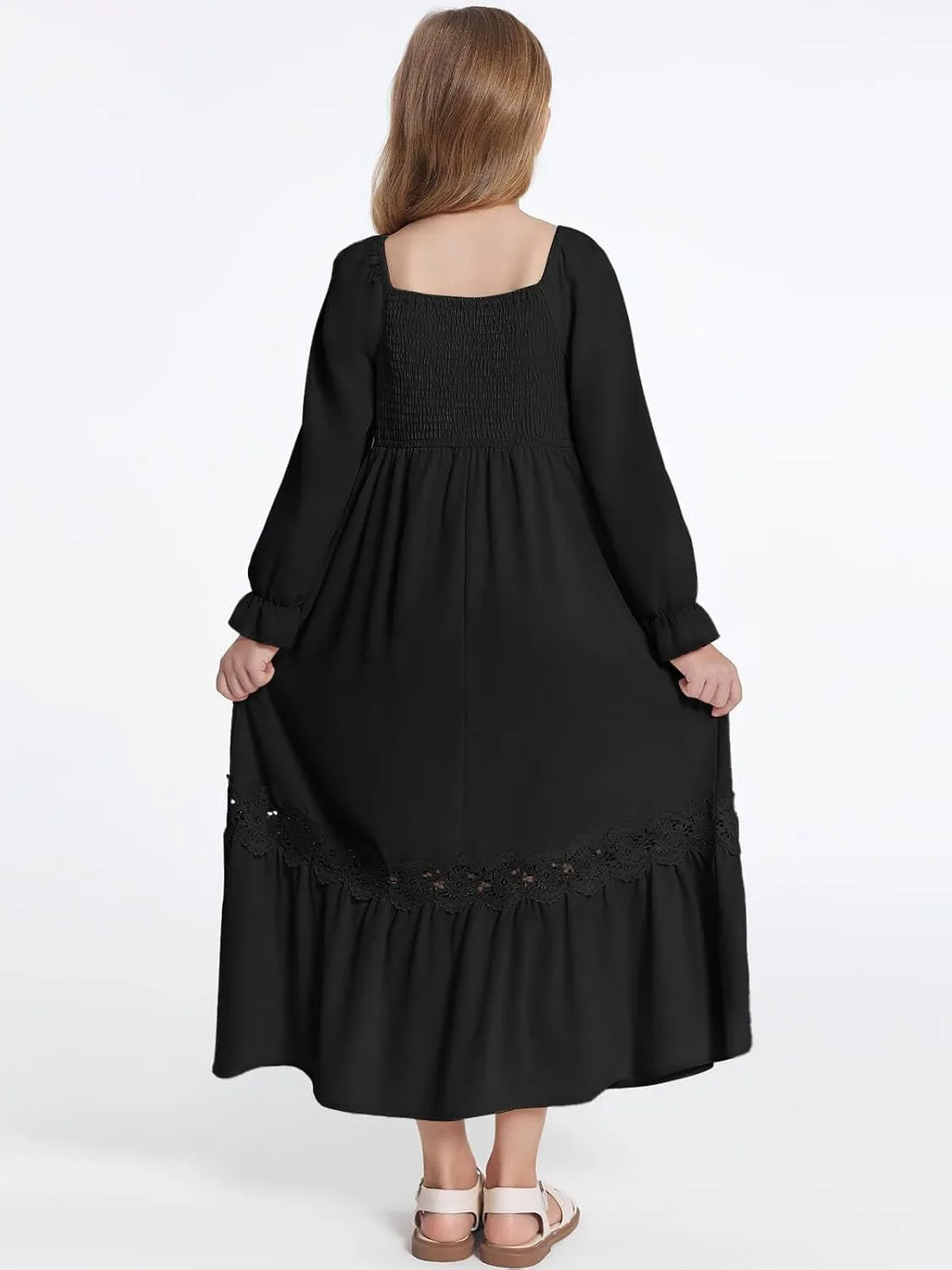 Haloumoning Girls Boho Summer Dresses Long Sleeve Square Neck Smocked Beach Dress Flowy A-line Maxi Dress 4-14 Years