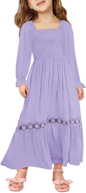 Haloumoning Girls Boho Summer Dresses Long Sleeve Square Neck Smocked Beach Dress Flowy A-line Maxi Dress 4-14 Years