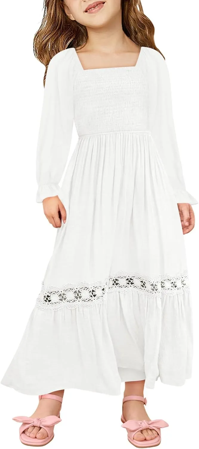 Haloumoning Girls Boho Summer Dresses Long Sleeve Square Neck Smocked Beach Dress Flowy A-line Maxi Dress 4-14 Years
