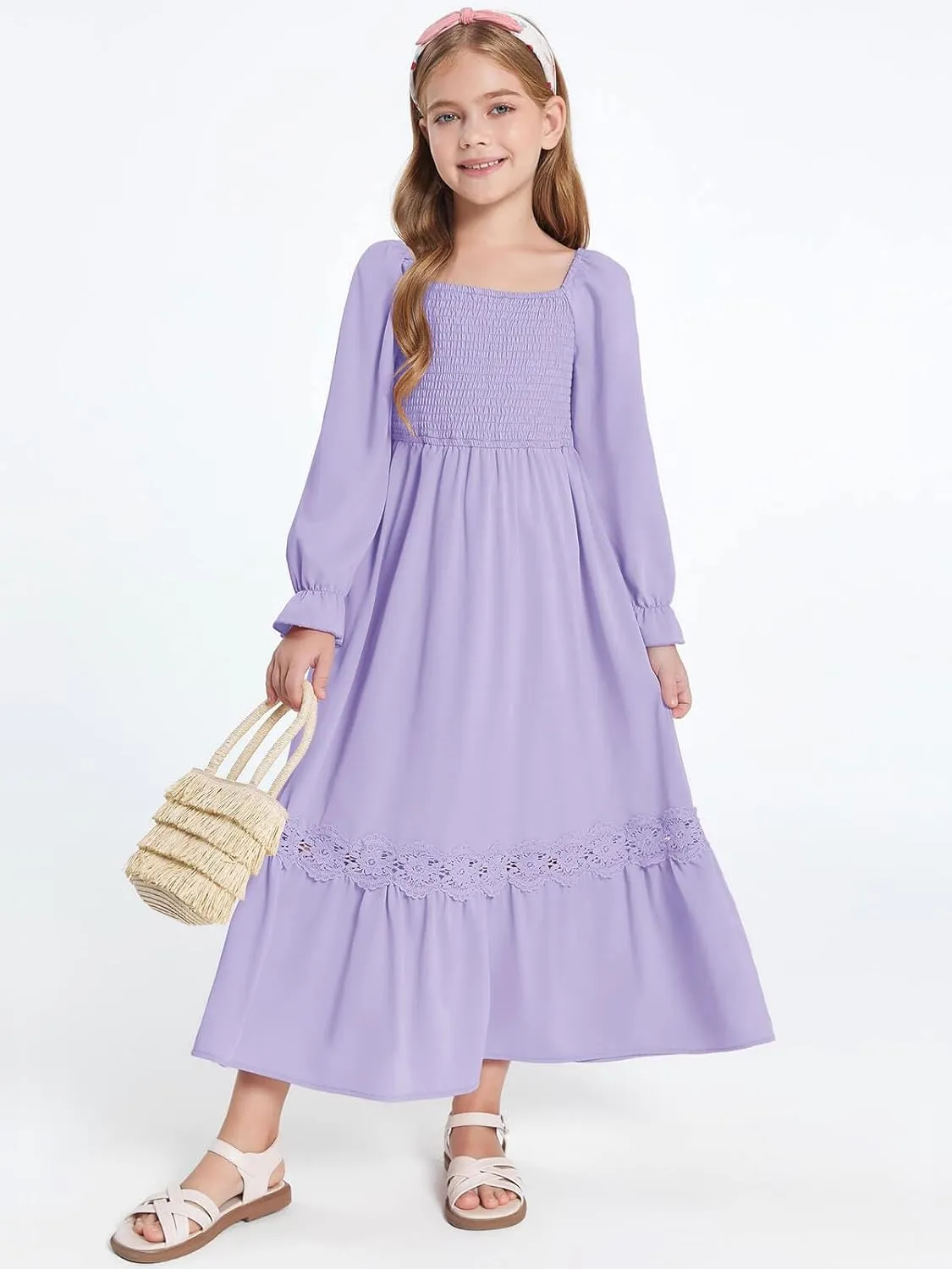 Haloumoning Girls Boho Summer Dresses Long Sleeve Square Neck Smocked Beach Dress Flowy A-line Maxi Dress 4-14 Years