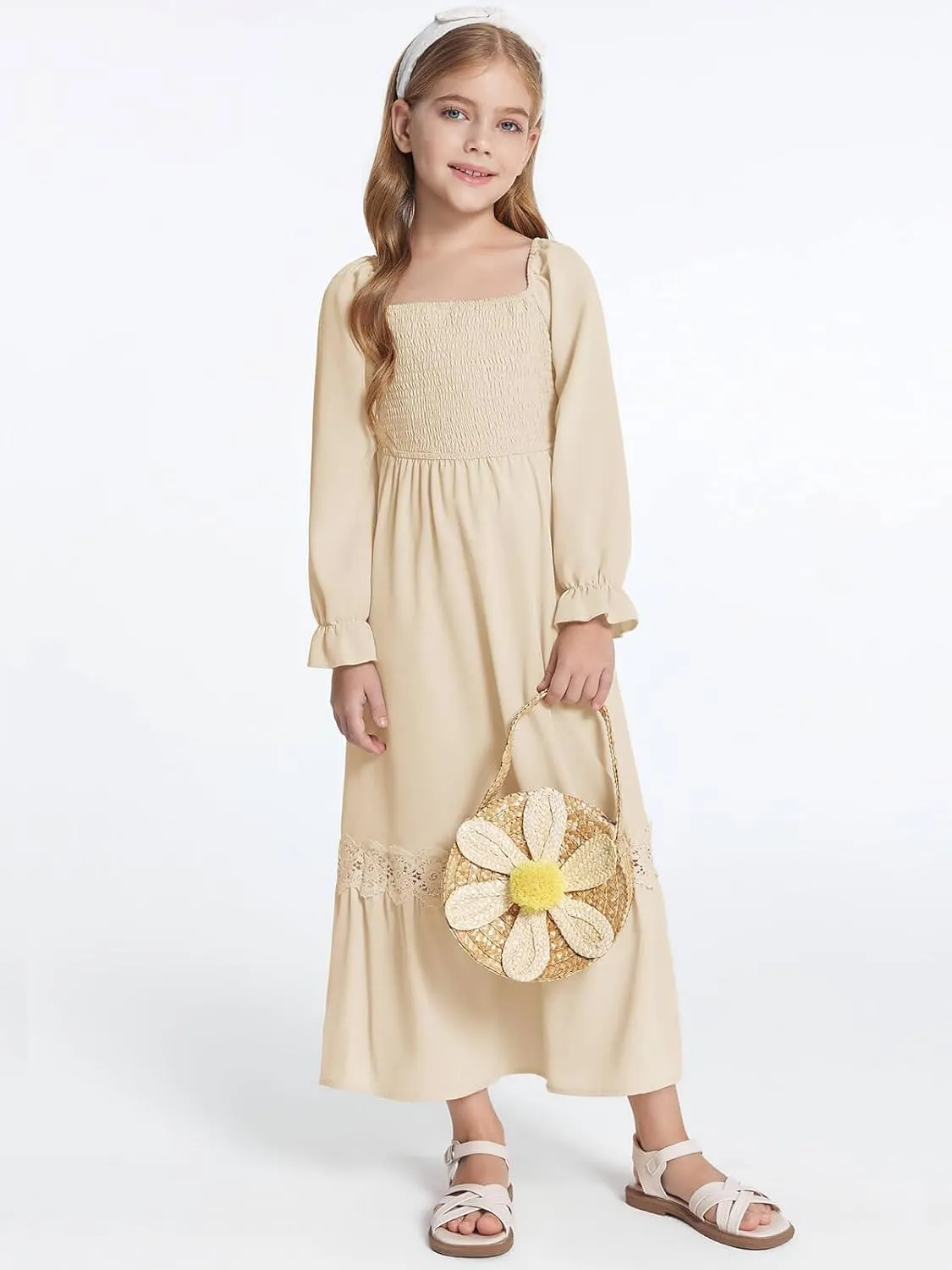 Haloumoning Girls Boho Summer Dresses Long Sleeve Square Neck Smocked Beach Dress Flowy A-line Maxi Dress 4-14 Years