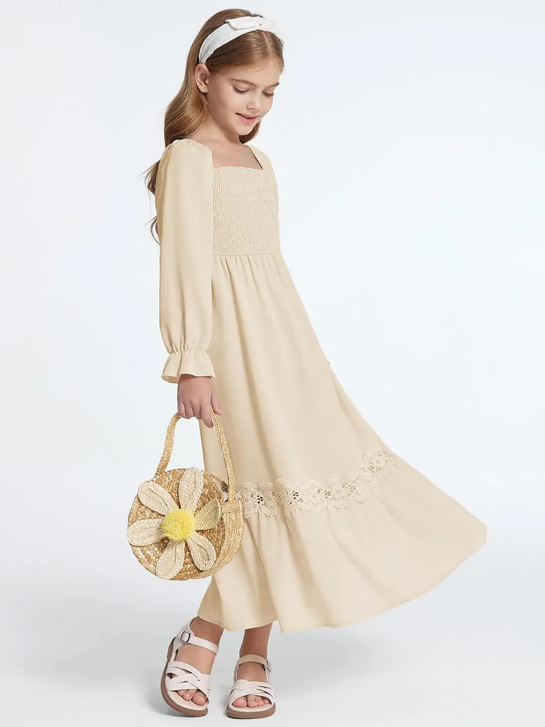Haloumoning Girls Boho Summer Dresses Long Sleeve Square Neck Smocked Beach Dress Flowy A-line Maxi Dress 4-14 Years