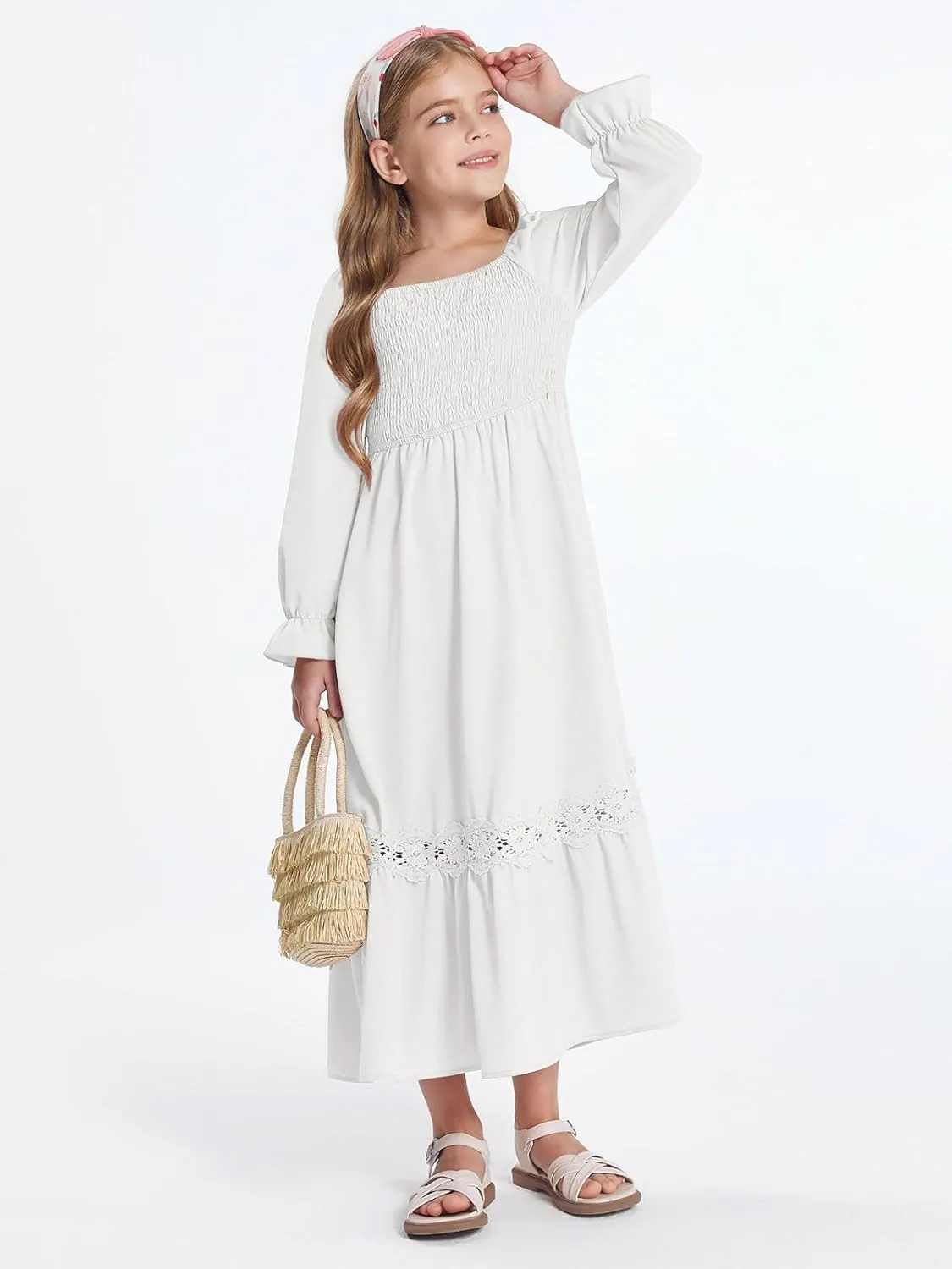 Haloumoning Girls Boho Summer Dresses Long Sleeve Square Neck Smocked Beach Dress Flowy A-line Maxi Dress 4-14 Years