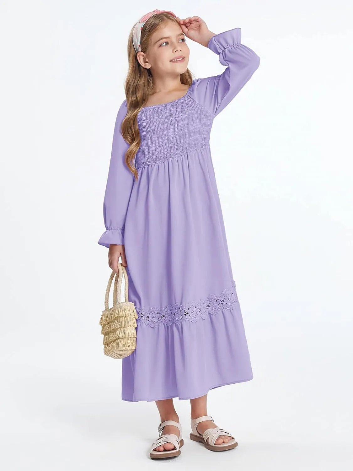 Haloumoning Girls Boho Summer Dresses Long Sleeve Square Neck Smocked Beach Dress Flowy A-line Maxi Dress 4-14 Years