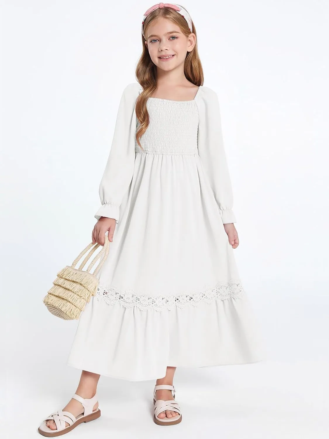 Haloumoning Girls Boho Summer Dresses Long Sleeve Square Neck Smocked Beach Dress Flowy A-line Maxi Dress 4-14 Years