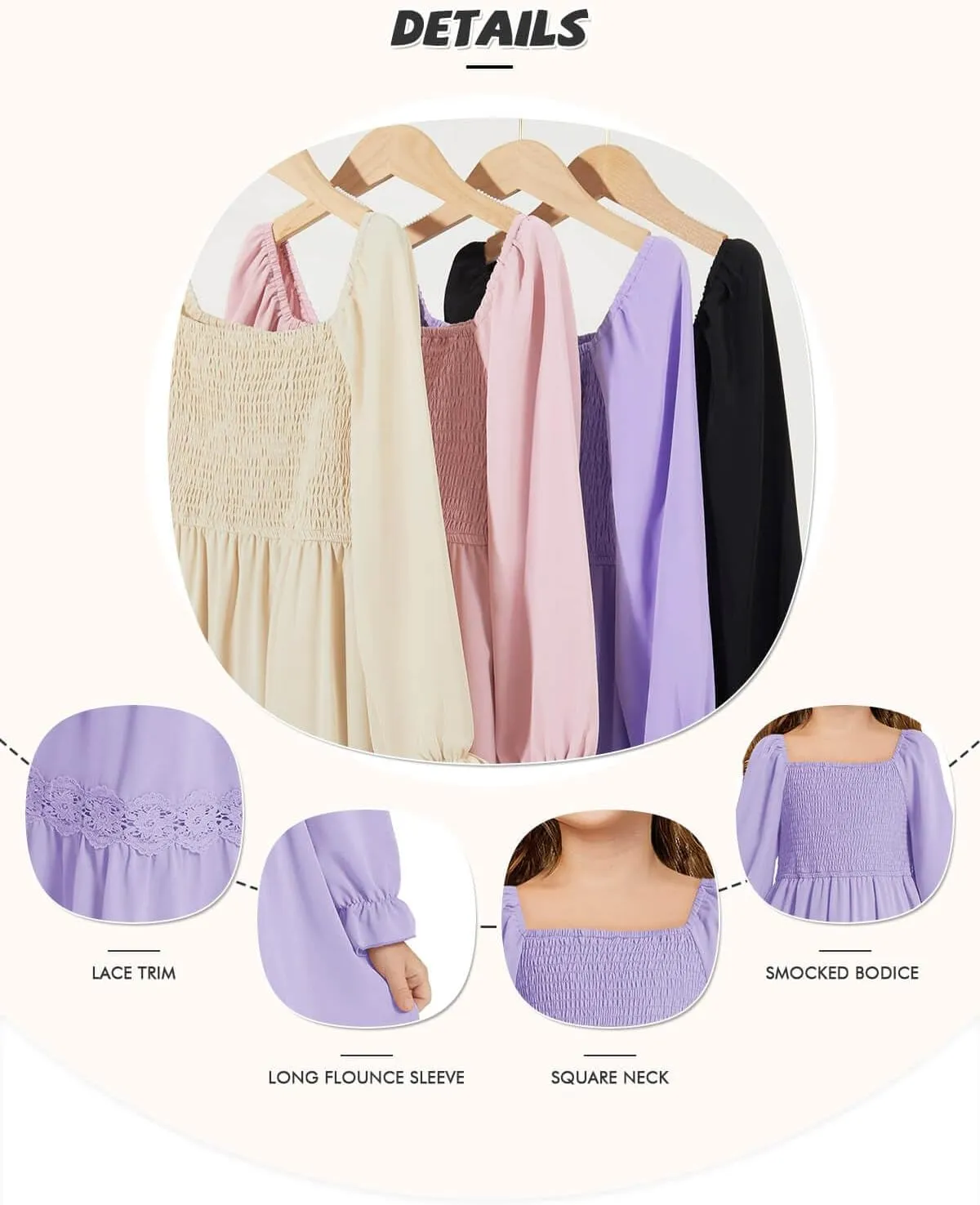 Haloumoning Girls Boho Summer Dresses Long Sleeve Square Neck Smocked Beach Dress Flowy A-line Maxi Dress 4-14 Years