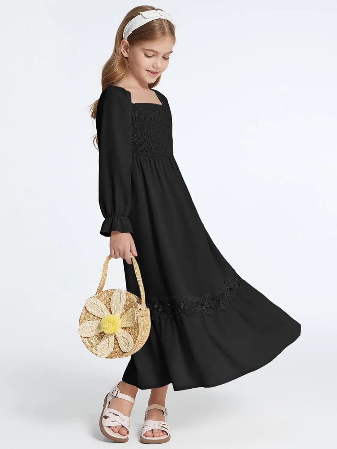 Haloumoning Girls Boho Summer Dresses Long Sleeve Square Neck Smocked Beach Dress Flowy A-line Maxi Dress 4-14 Years