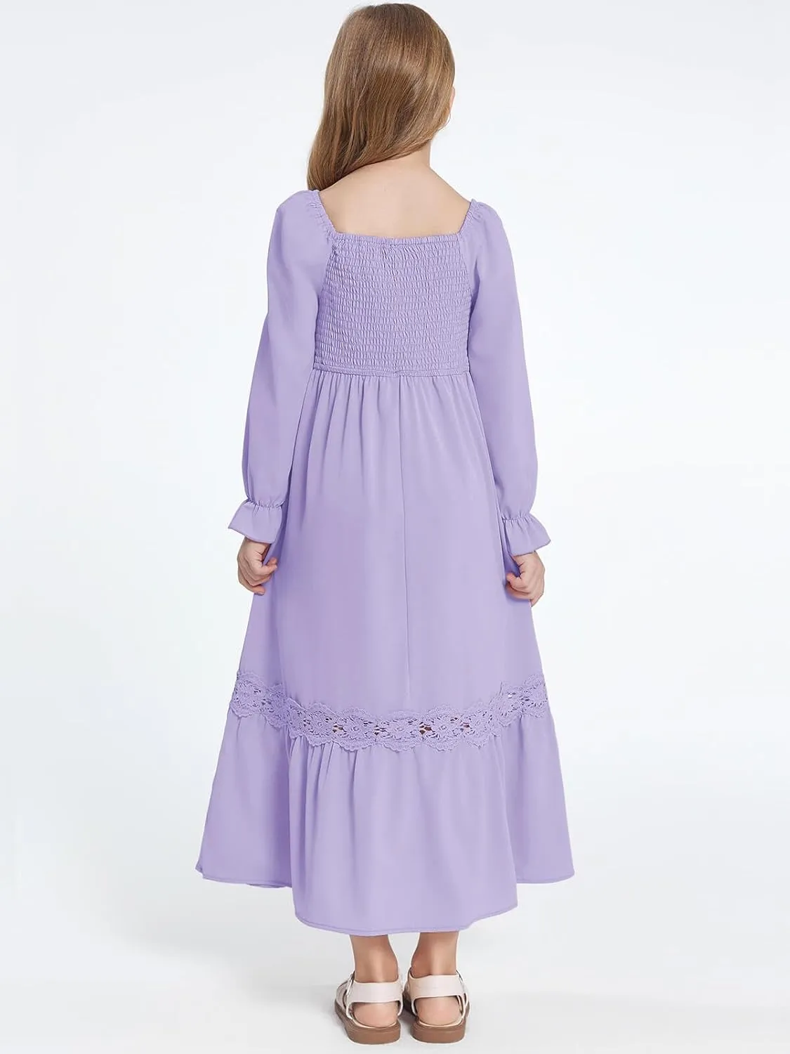 Haloumoning Girls Boho Summer Dresses Long Sleeve Square Neck Smocked Beach Dress Flowy A-line Maxi Dress 4-14 Years