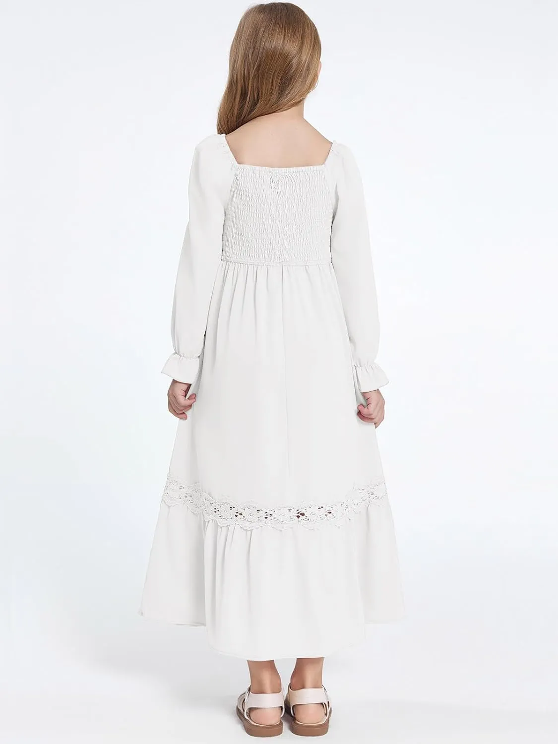 Haloumoning Girls Boho Summer Dresses Long Sleeve Square Neck Smocked Beach Dress Flowy A-line Maxi Dress 4-14 Years