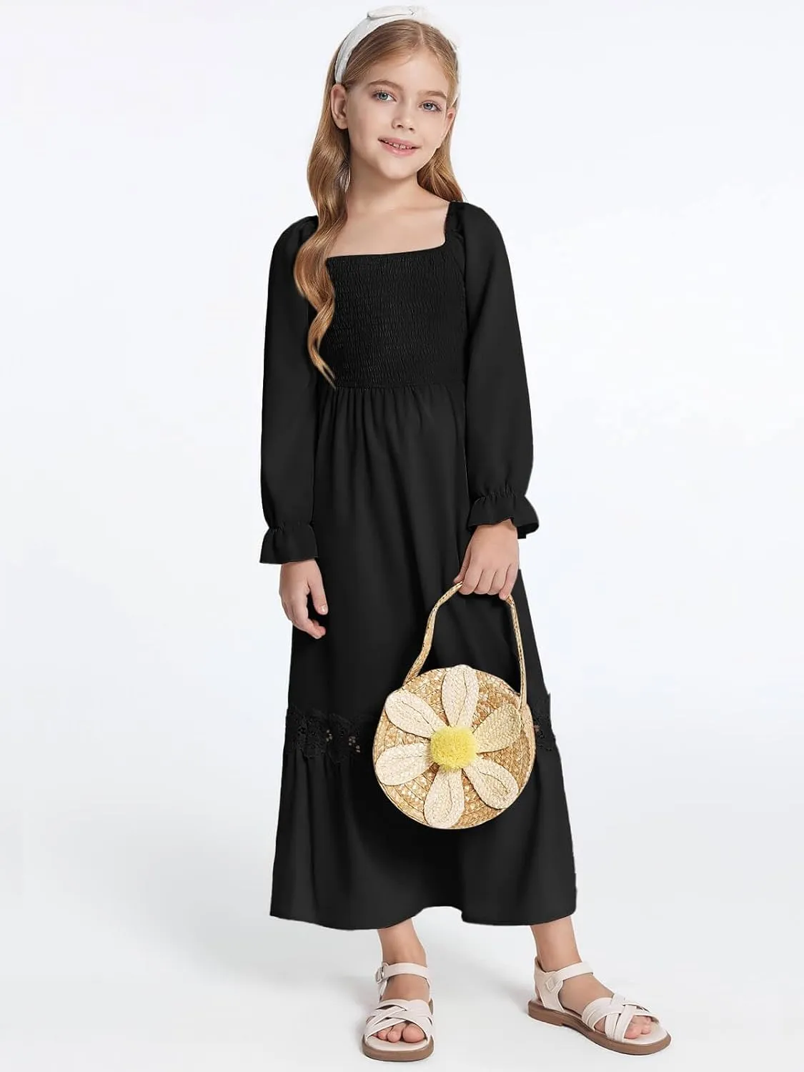 Haloumoning Girls Boho Summer Dresses Long Sleeve Square Neck Smocked Beach Dress Flowy A-line Maxi Dress 4-14 Years