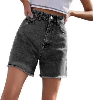 HGps8w Womens High Waisted Jean Shorts Chic Frayed Raw Hem Wide Leg Summer Casual Loose Fit Denim Shorts with Pockets