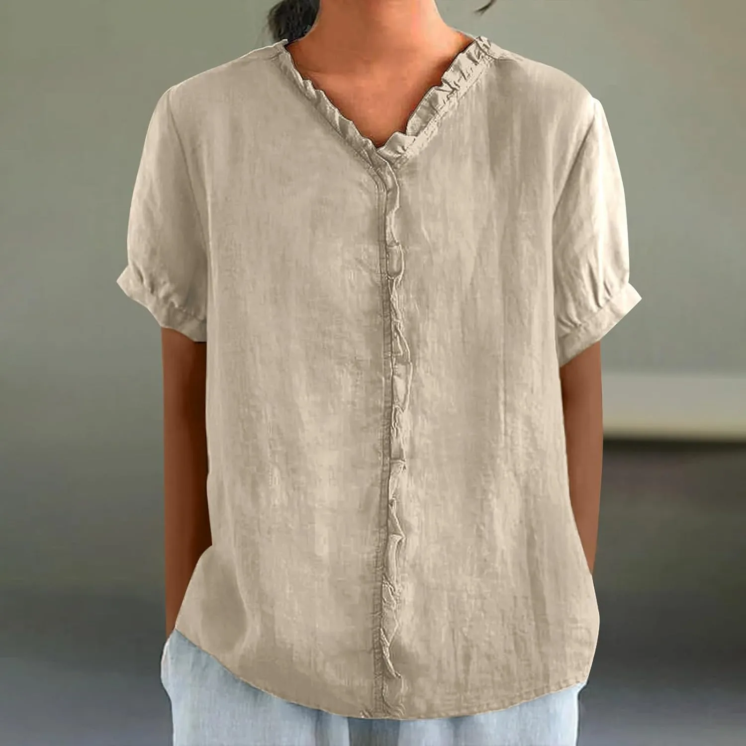 JOAU Women's Cotton Linen Short Sleeve Ruffle Shirts 2025 Summer Loose Casual V Neck Blouse Dressy Boho Beach Tunic Tops