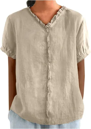 JOAU Women's Cotton Linen Short Sleeve Ruffle Shirts 2025 Summer Loose Casual V Neck Blouse Dressy Boho Beach Tunic Tops
