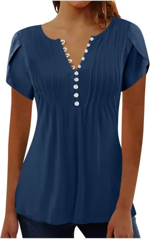 JOAU Women's Petal Short Sleeve Flowy Tunic Tops Dressy Casual Summer Pleated Front Blouses Loose V Neck Button Henley Shirts
