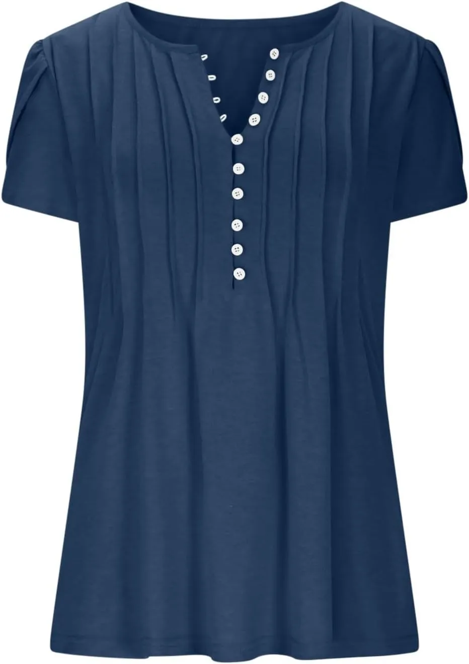 JOAU Women's Petal Short Sleeve Flowy Tunic Tops Dressy Casual Summer Pleated Front Blouses Loose V Neck Button Henley Shirts