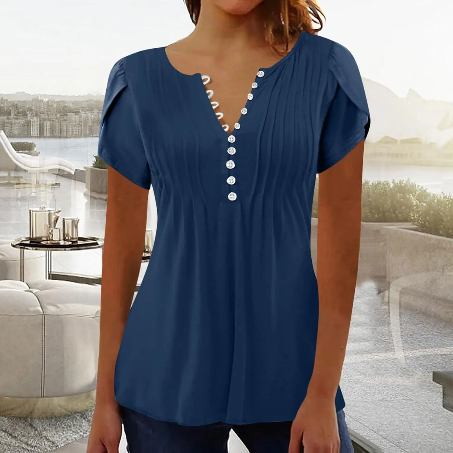 JOAU Women's Petal Short Sleeve Flowy Tunic Tops Dressy Casual Summer Pleated Front Blouses Loose V Neck Button Henley Shirts
