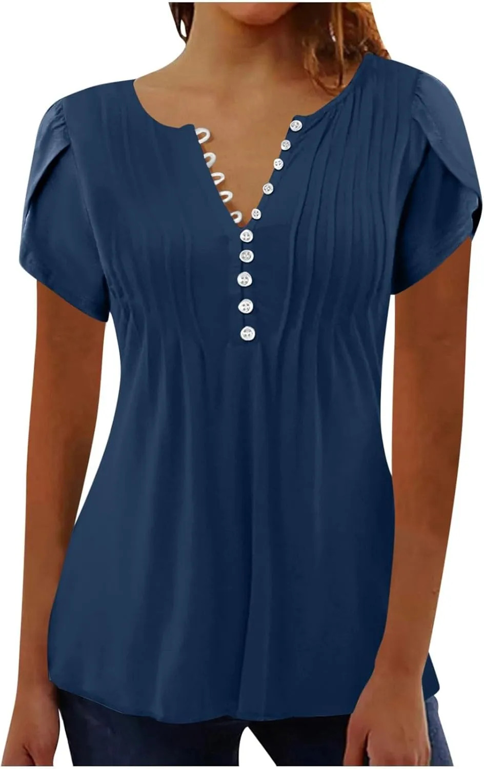JOAU Women's Petal Short Sleeve Flowy Tunic Tops Dressy Casual Summer Pleated Front Blouses Loose V Neck Button Henley Shirts