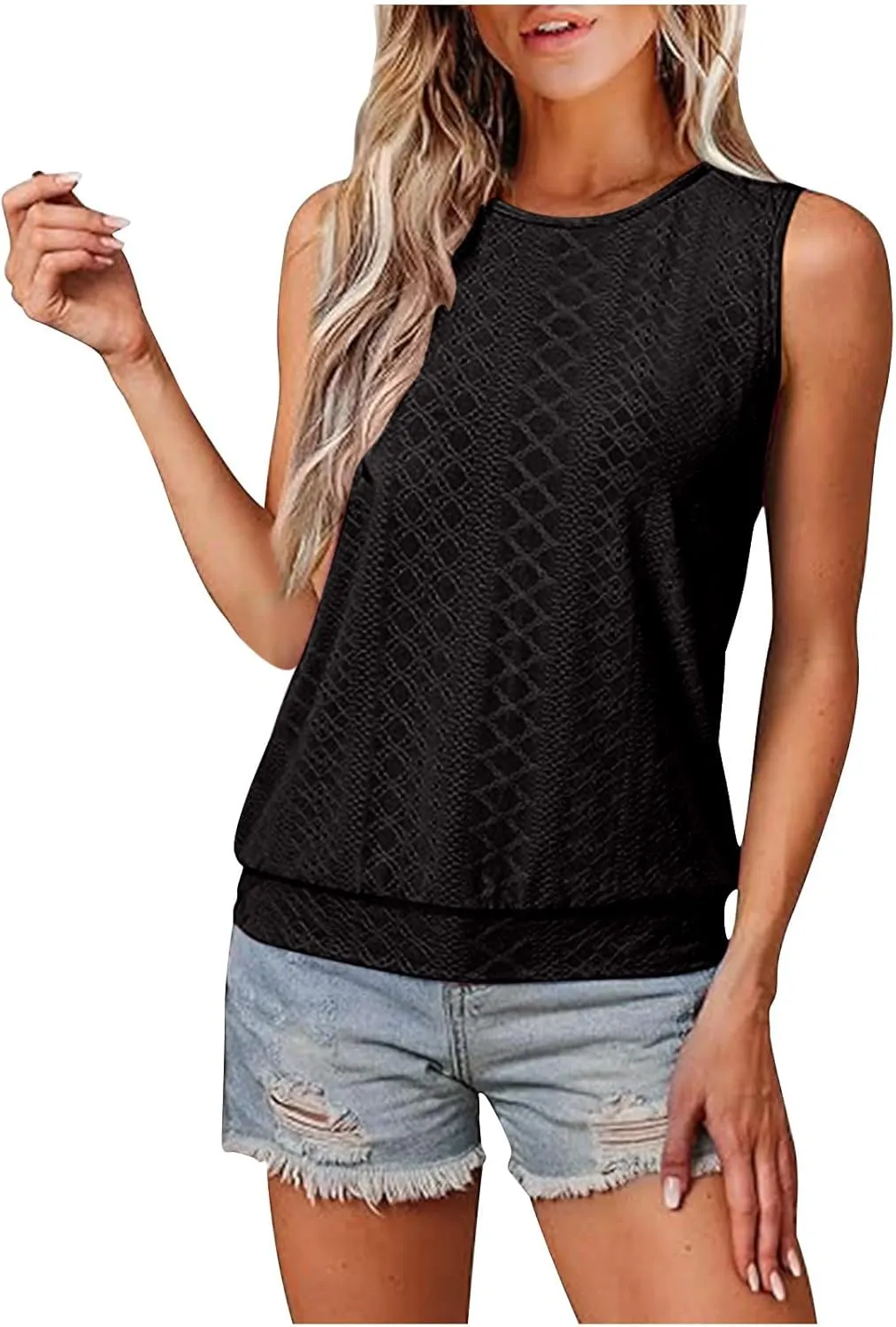 JOAU Womens Tank Tops Loose Casual Round Neck Sleeveless Summer Shirts Eyelet Embroidery Blouse Trendy Vacation Clothes 2025