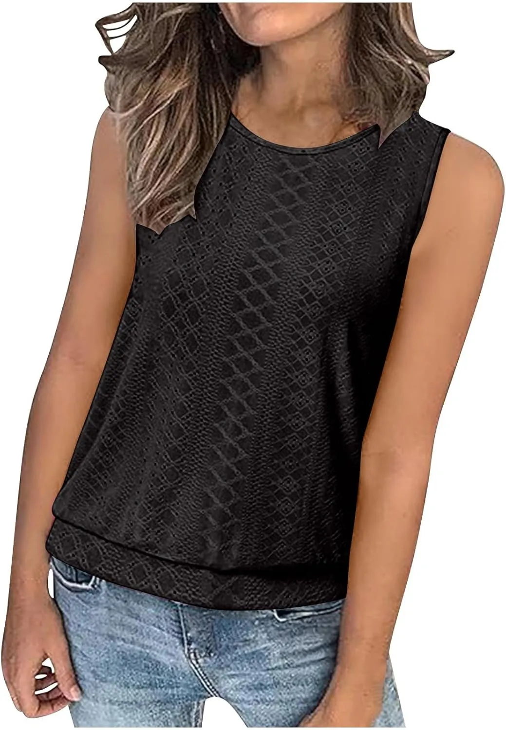JOAU Womens Tank Tops Loose Casual Round Neck Sleeveless Summer Shirts Eyelet Embroidery Blouse Trendy Vacation Clothes 2025