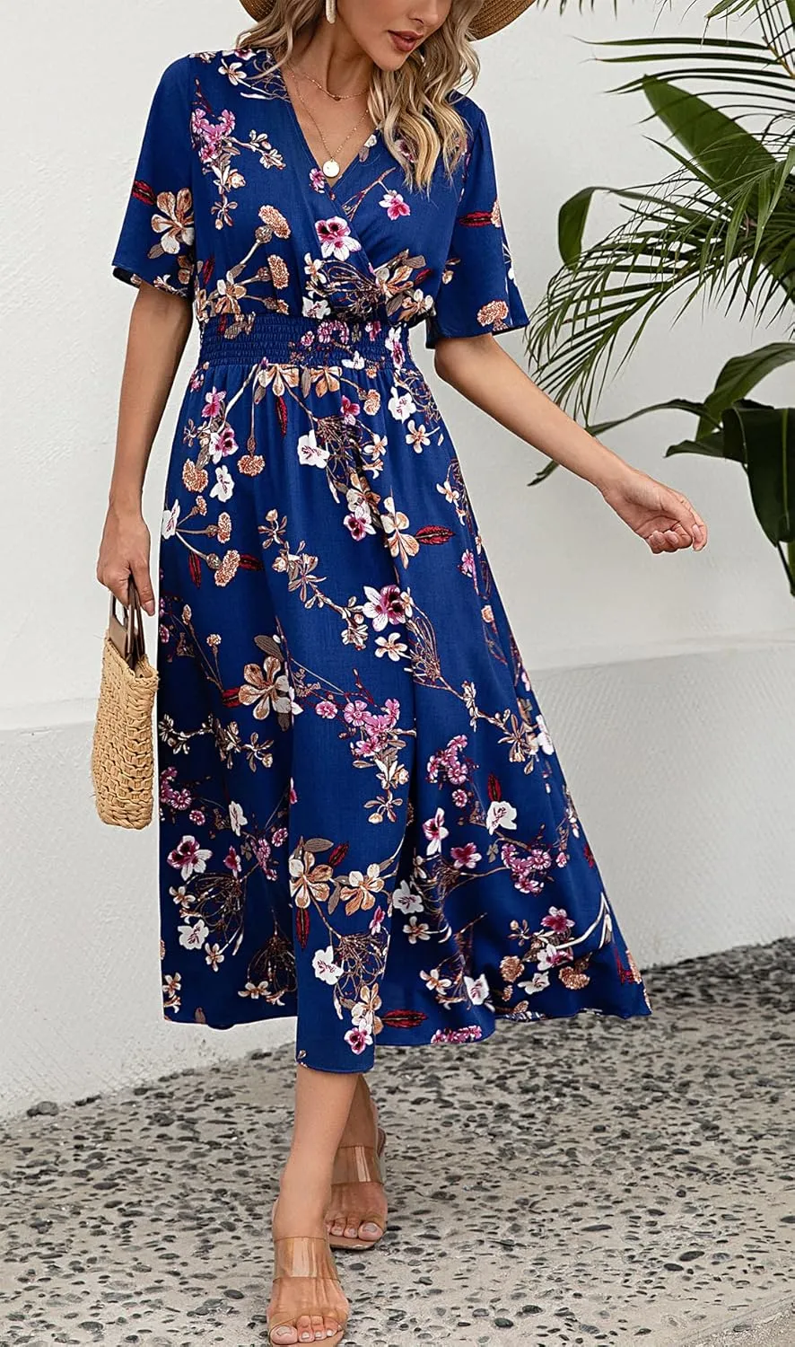 Kormei Women Short Sleeve V Neck Boho Floral Smocked Waist A-Line Swing Summer Beach Party Long Maxi Dress