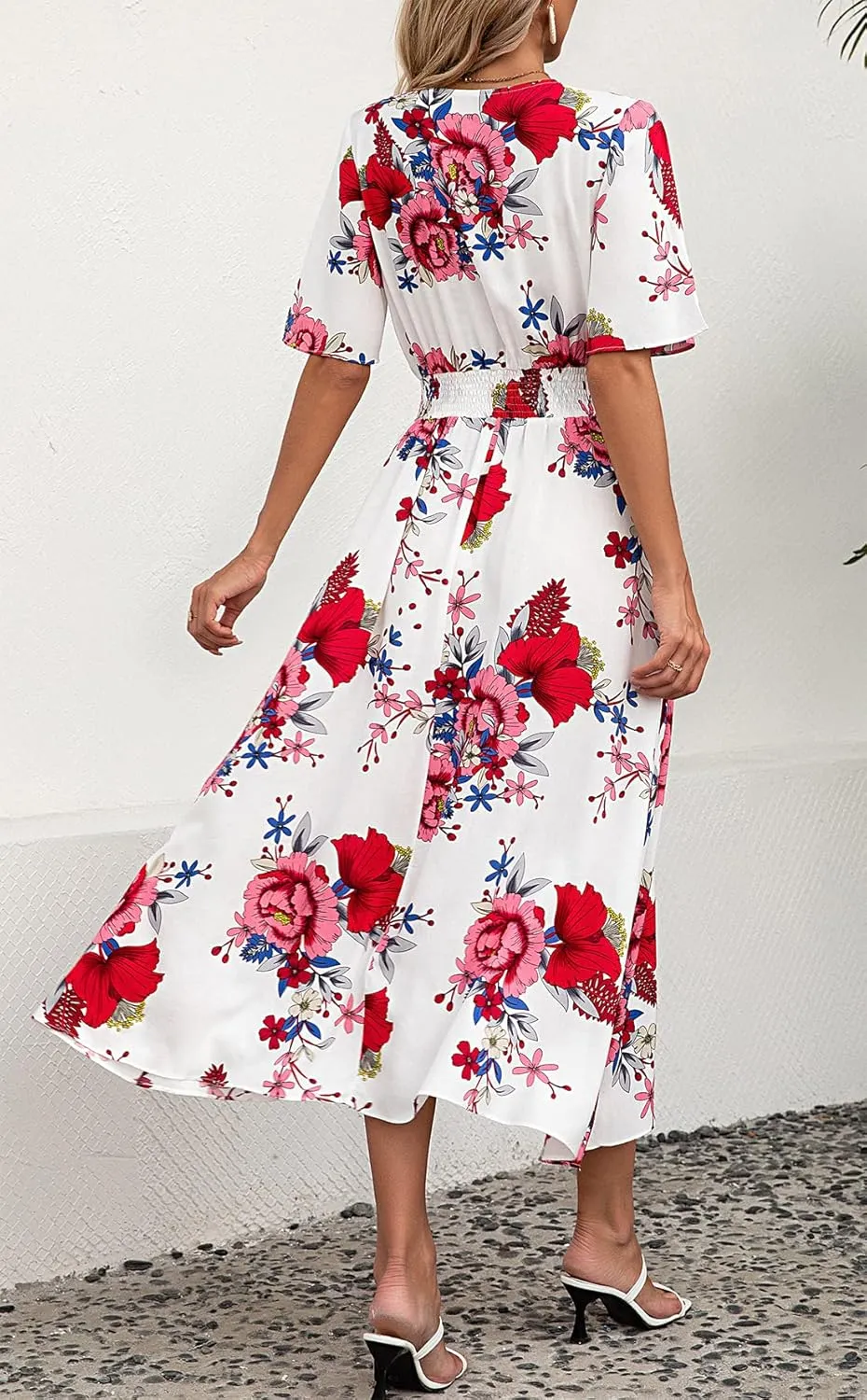 Kormei Women Short Sleeve V Neck Boho Floral Smocked Waist A-Line Swing Summer Beach Party Long Maxi Dress