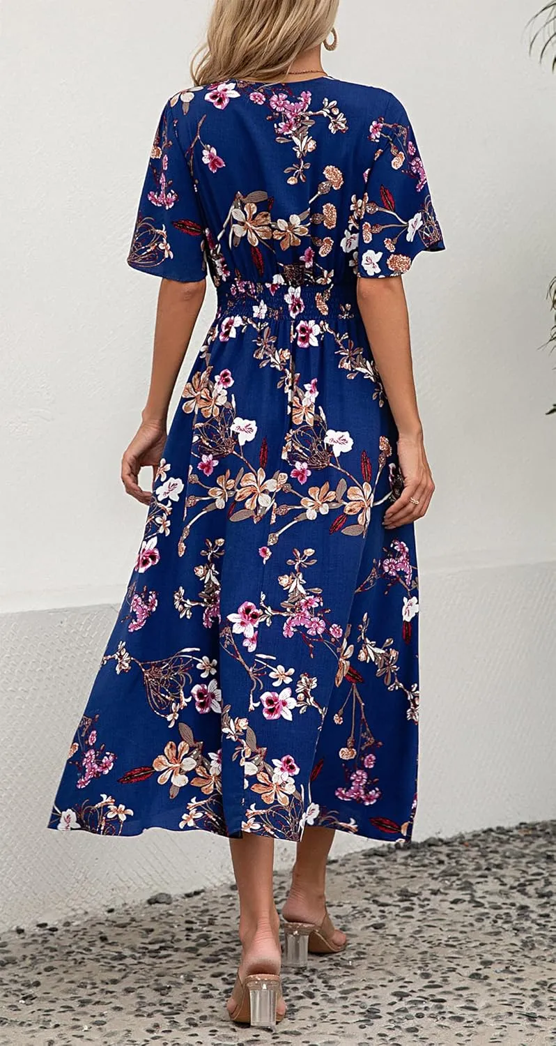 Kormei Women Short Sleeve V Neck Boho Floral Smocked Waist A-Line Swing Summer Beach Party Long Maxi Dress