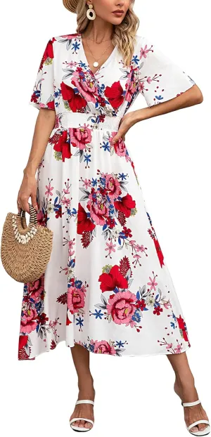 Kormei Women Short Sleeve V Neck Boho Floral Smocked Waist A-Line Swing Summer Beach Party Long Maxi Dress