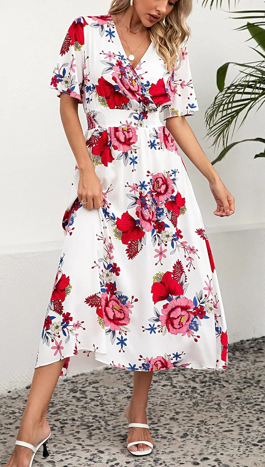Kormei Women Short Sleeve V Neck Boho Floral Smocked Waist A-Line Swing Summer Beach Party Long Maxi Dress