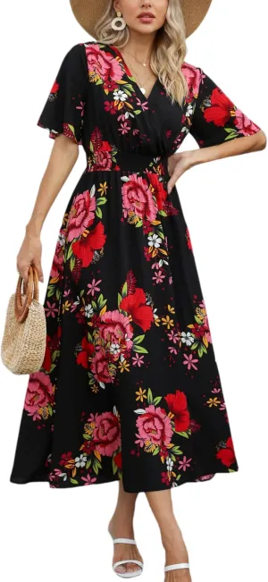 Kormei Women Short Sleeve V Neck Boho Floral Smocked Waist A-Line Swing Summer Beach Party Long Maxi Dress