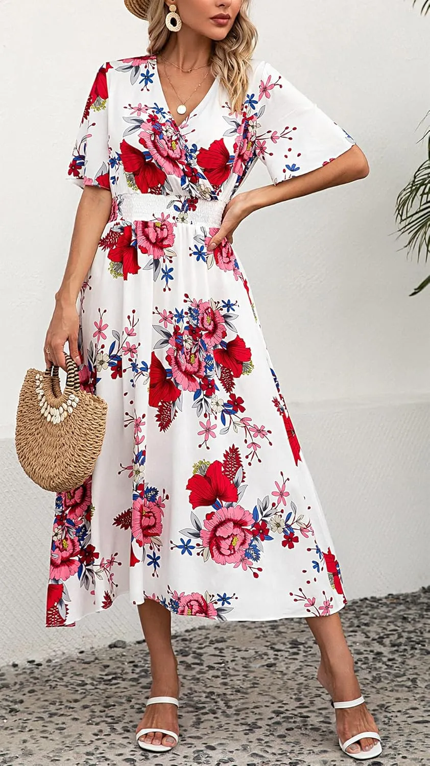 Kormei Women Short Sleeve V Neck Boho Floral Smocked Waist A-Line Swing Summer Beach Party Long Maxi Dress