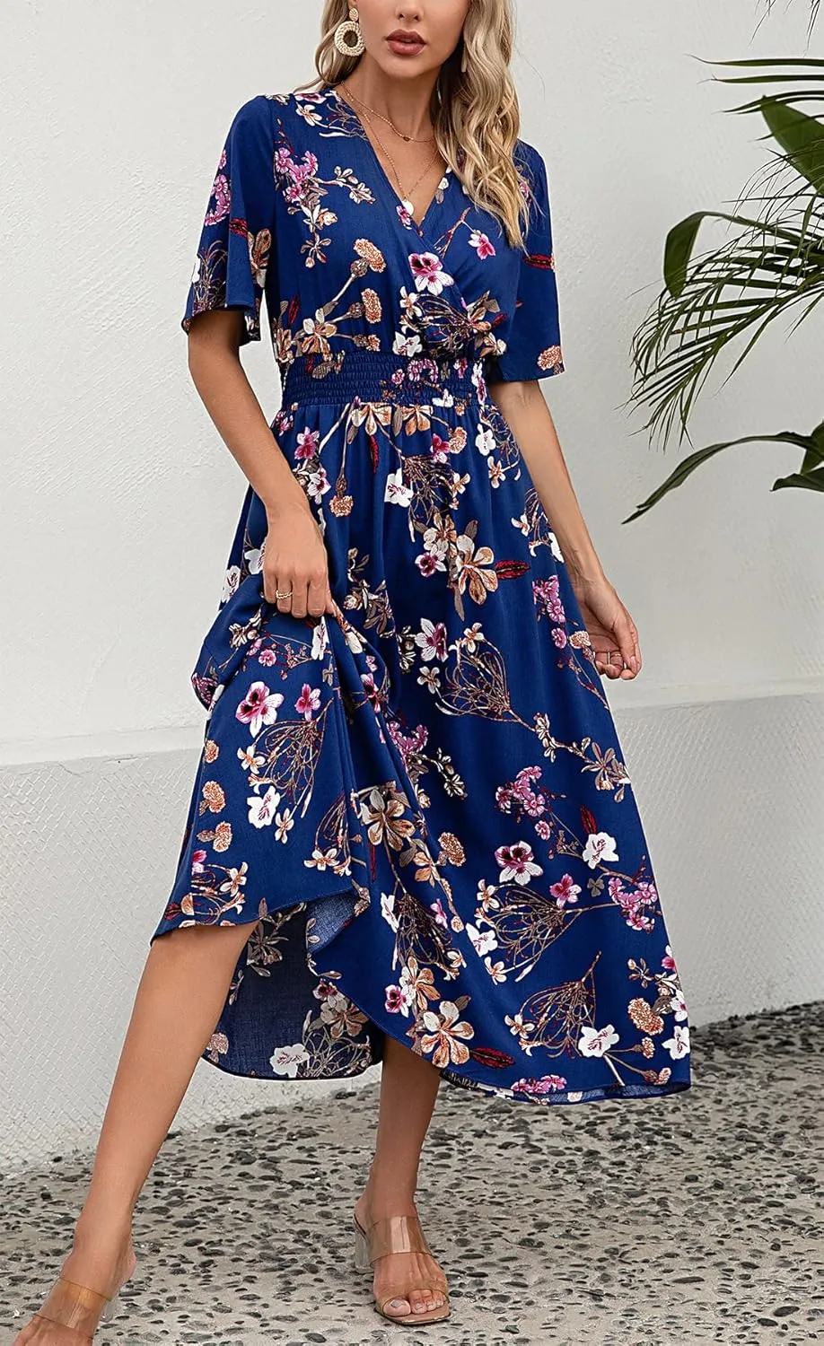 Kormei Women Short Sleeve V Neck Boho Floral Smocked Waist A-Line Swing Summer Beach Party Long Maxi Dress