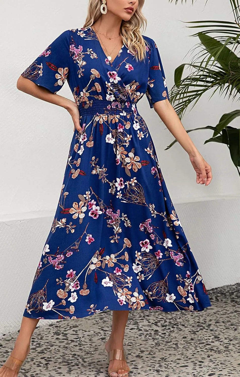 Kormei Women Short Sleeve V Neck Boho Floral Smocked Waist A-Line Swing Summer Beach Party Long Maxi Dress