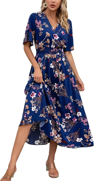 Kormei Women Short Sleeve V Neck Boho Floral Smocked Waist A-Line Swing Summer Beach Party Long Maxi Dress
