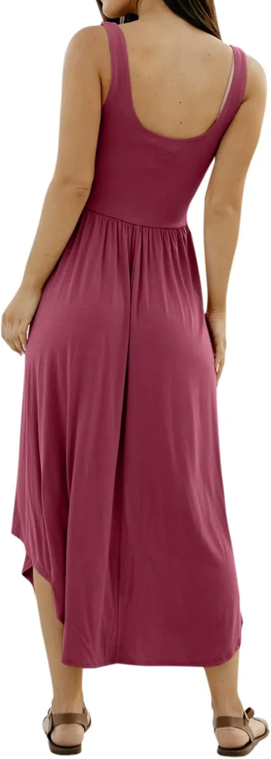 Langwyqu Womens 2025 Summer Sleeveless Tank Dress Empire Waist Asymmetrical Flowy Casual Maxi Dresses