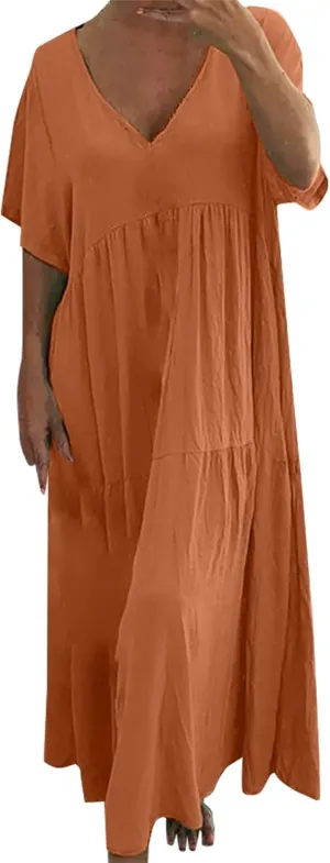 Linen Dress for Women Summer Short Sleeve V Neck Plus Size Maxi Casual Flowy Loose Long Vacation Beach Dresses
