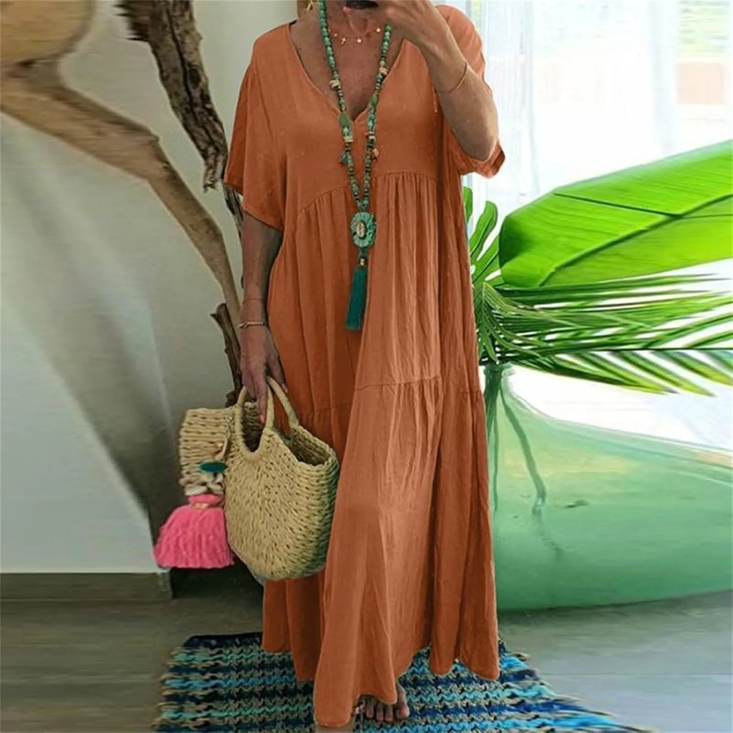 Linen Dress for Women Summer Short Sleeve V Neck Plus Size Maxi Casual Flowy Loose Long Vacation Beach Dresses