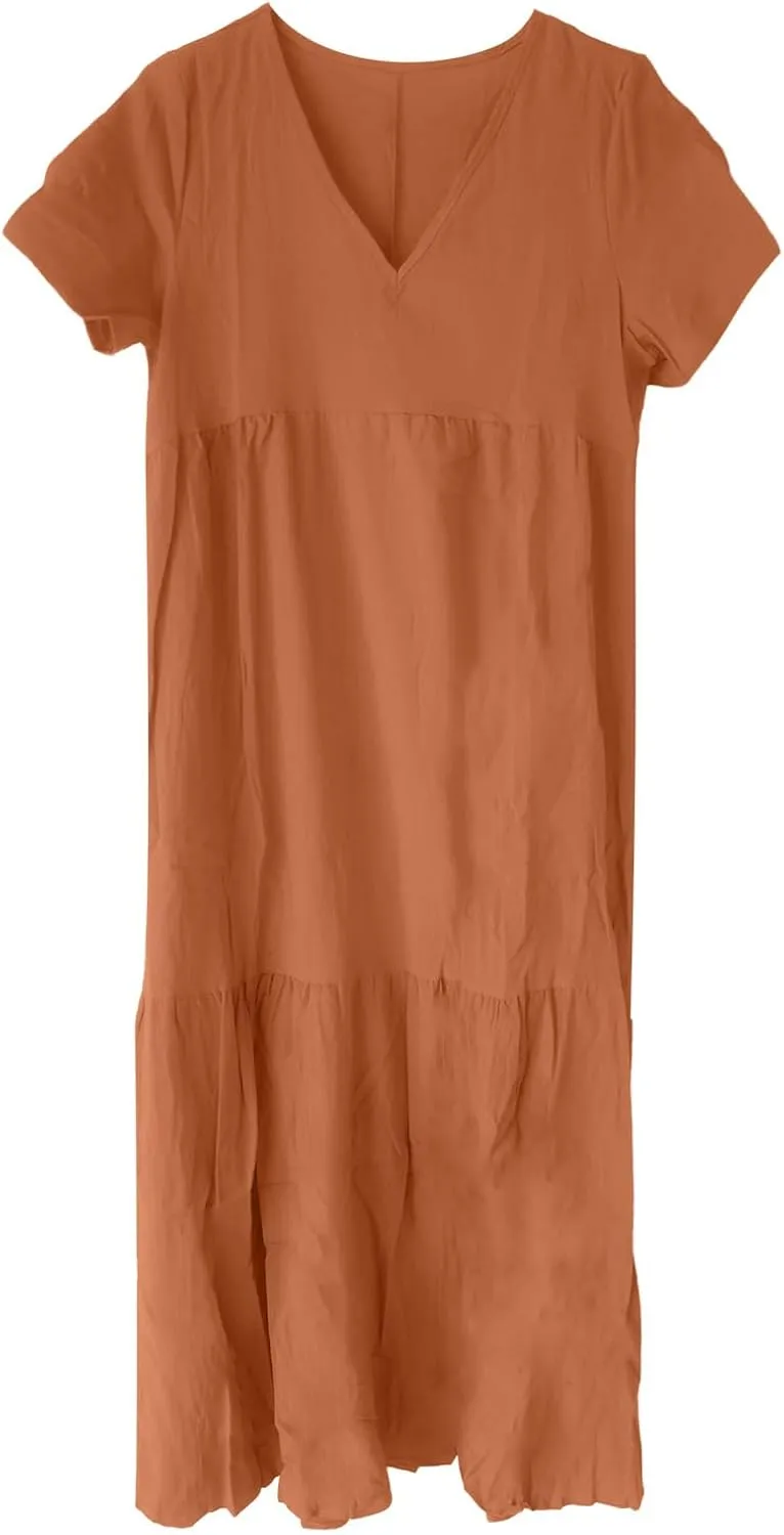 Linen Dress for Women Summer Short Sleeve V Neck Plus Size Maxi Casual Flowy Loose Long Vacation Beach Dresses