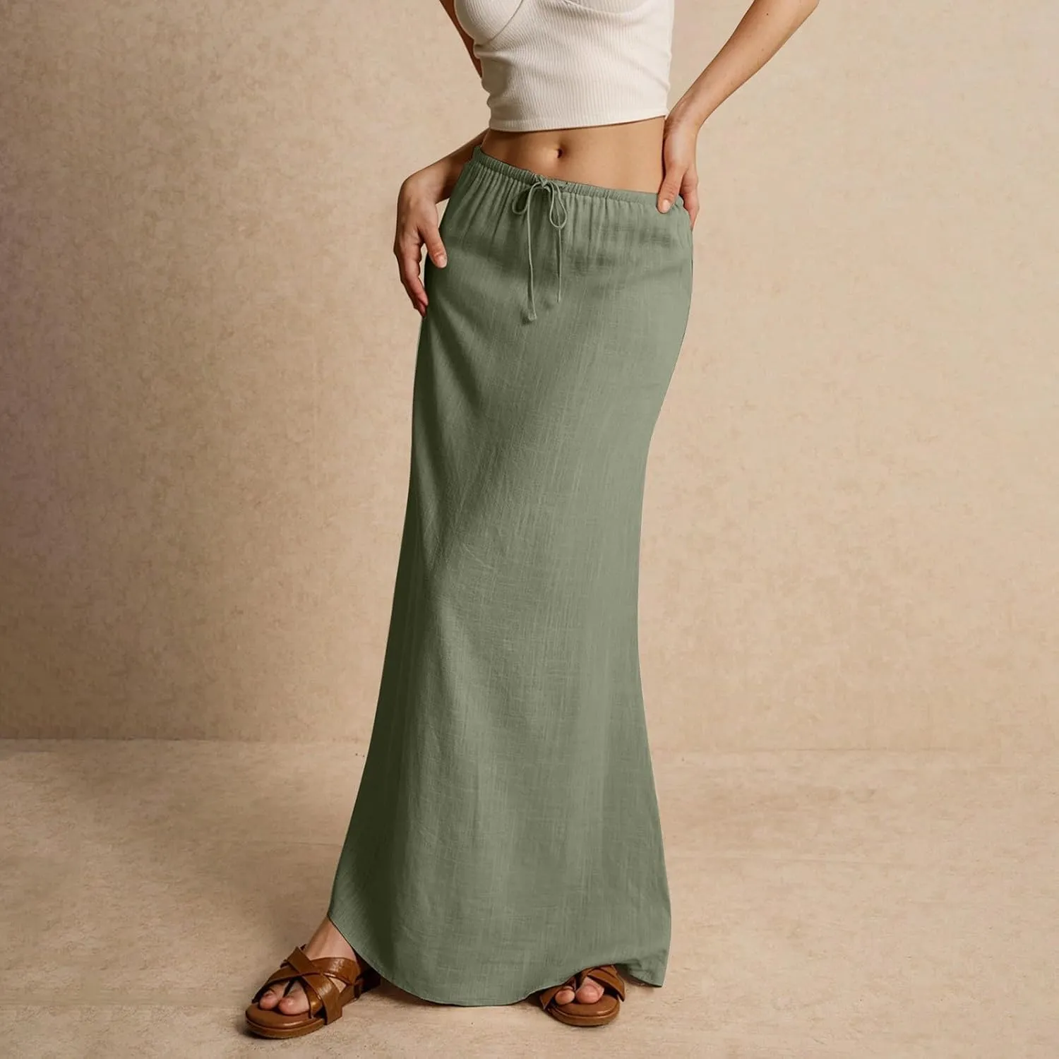 Linen Maxi Skirt for Women 2025 Summer Boho Flowy Long Skirts Drawstring Waist Y2k A Line Skirt Beach Cover Up Skirts