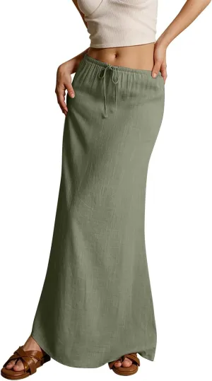 Linen Maxi Skirt for Women 2025 Summer Boho Flowy Long Skirts Drawstring Waist Y2k A Line Skirt Beach Cover Up Skirts