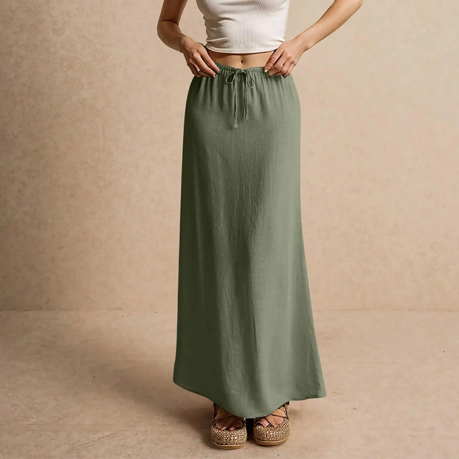 Linen Maxi Skirt for Women 2025 Summer Boho Flowy Long Skirts Drawstring Waist Y2k A Line Skirt Beach Cover Up Skirts