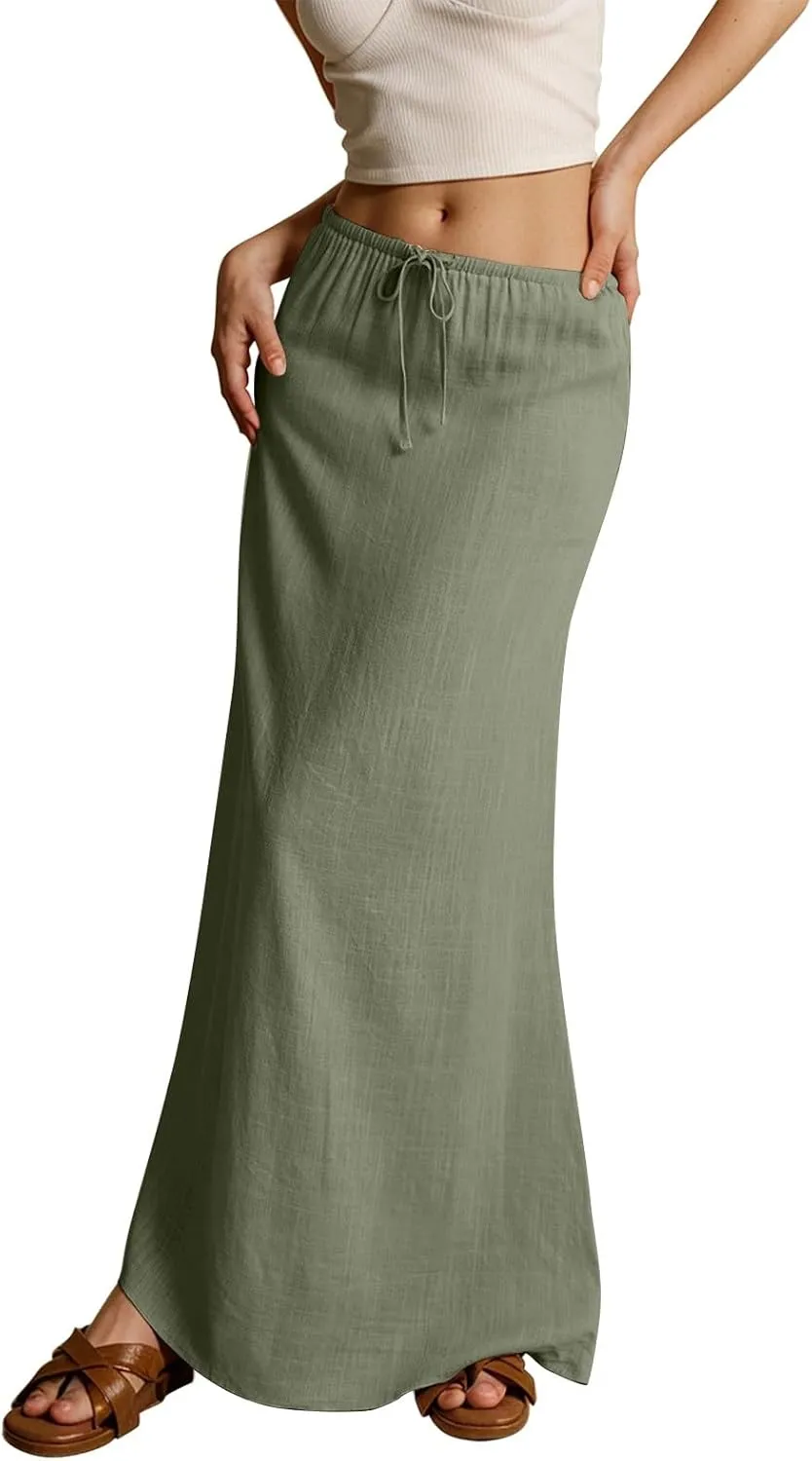 Linen Maxi Skirt for Women 2025 Summer Boho Flowy Long Skirts Drawstring Waist Y2k A Line Skirt Beach Cover Up Skirts