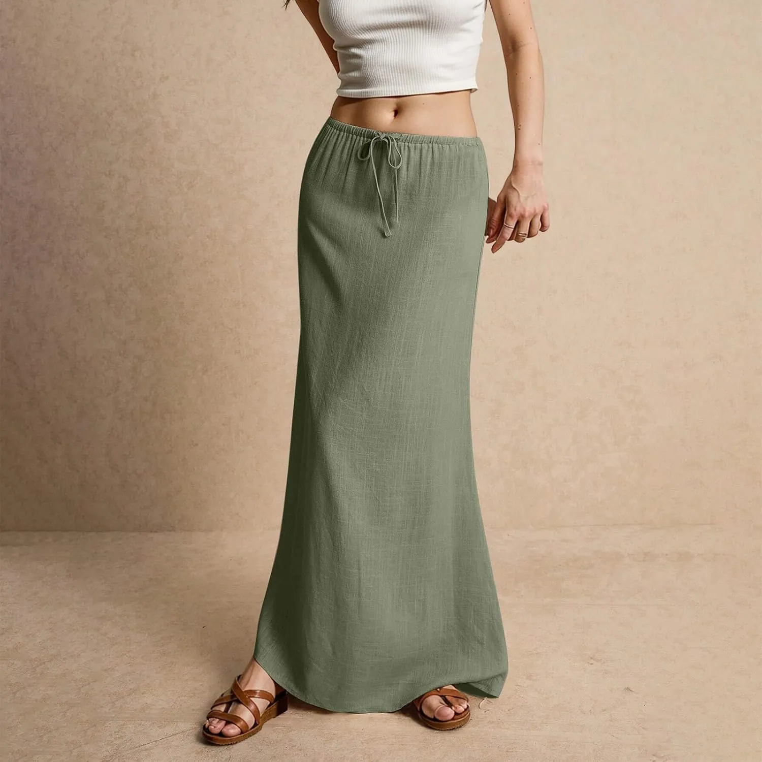 Linen Maxi Skirt for Women 2025 Summer Boho Flowy Long Skirts Drawstring Waist Y2k A Line Skirt Beach Cover Up Skirts