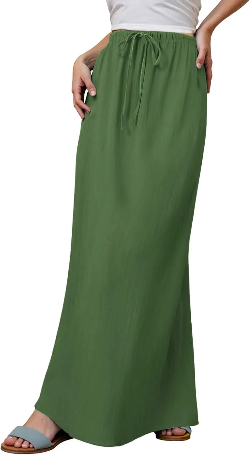 Linen Maxi Skirts for Women Summer Elastic Waist Drawstring A Line Long Flared Comfy Cute Vacation Boho Flowy Skirt
