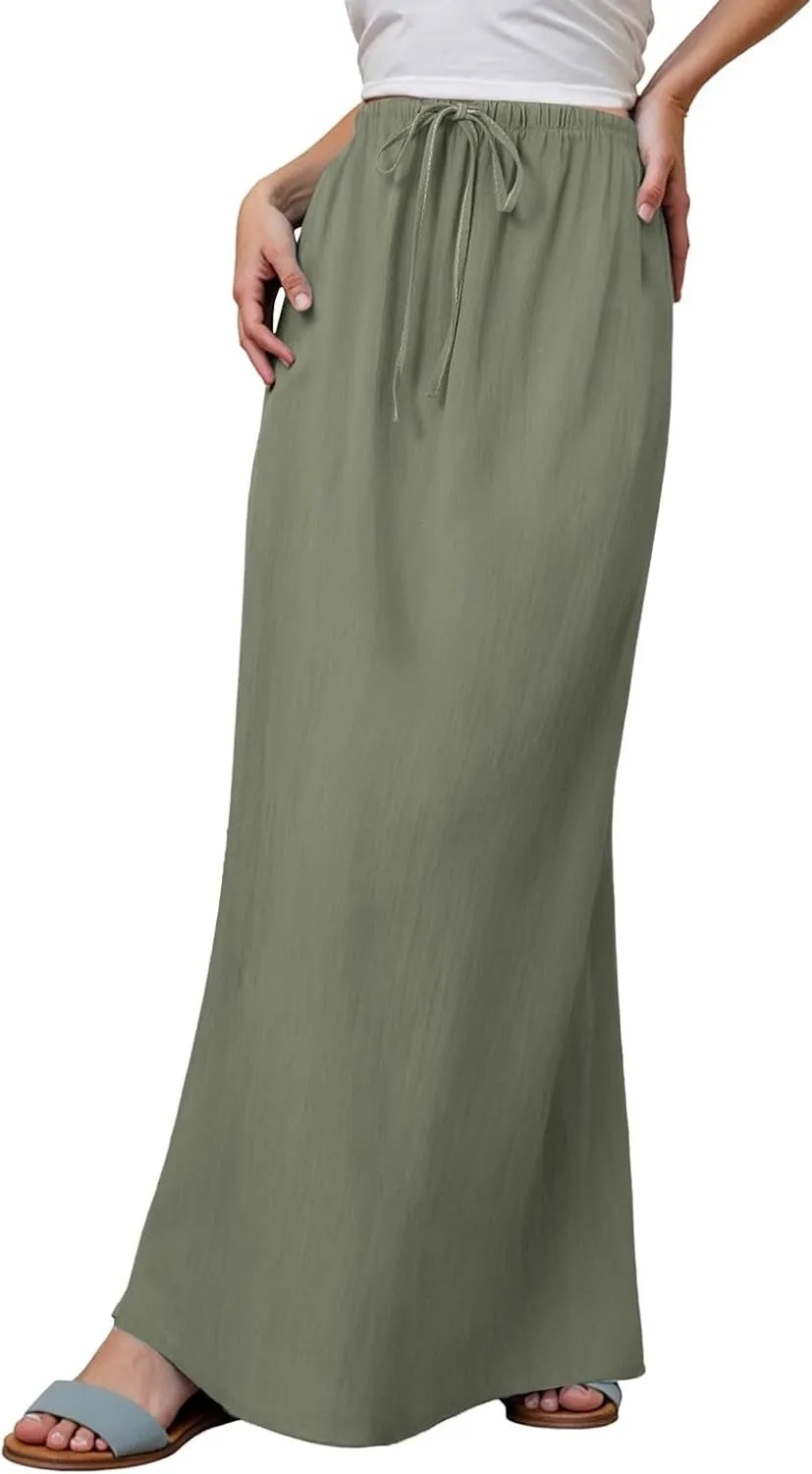 Linen Maxi Skirts for Women Summer Elastic Waist Drawstring A Line Long Flared Comfy Cute Vacation Boho Flowy Skirt