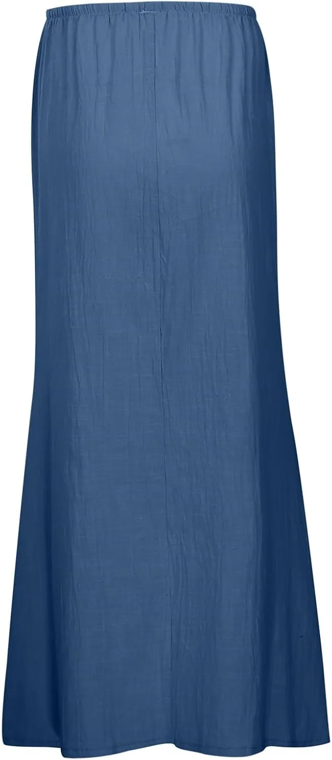 Linen Maxi Skirts for Women Summer Elastic Waist Drawstring A Line Long Flared Comfy Cute Vacation Boho Flowy Skirt