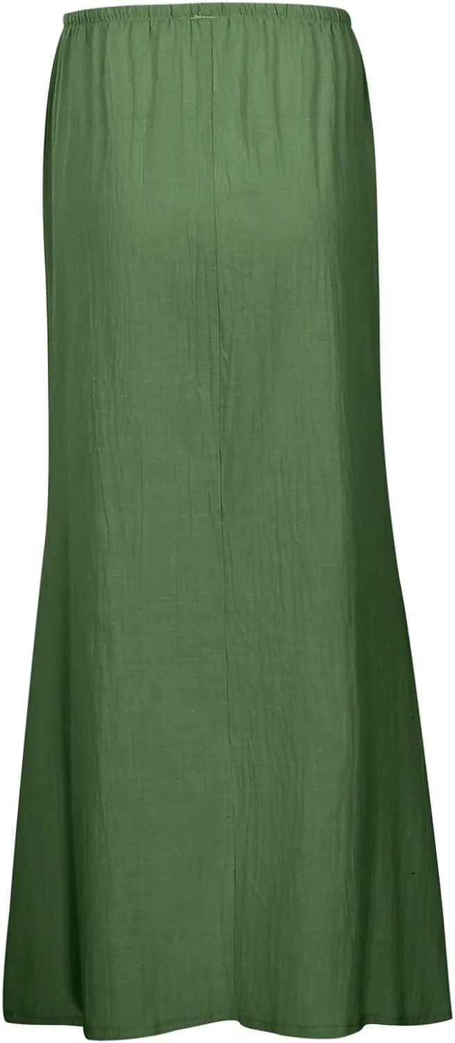 Linen Maxi Skirts for Women Summer Elastic Waist Drawstring A Line Long Flared Comfy Cute Vacation Boho Flowy Skirt