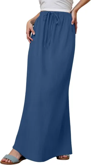 Linen Maxi Skirts for Women Summer Elastic Waist Drawstring A Line Long Flared Comfy Cute Vacation Boho Flowy Skirt